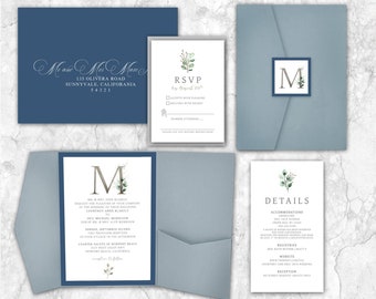 Dusty Blue Wedding Invitation, monogram, winter, Classic wedding, simple, wedding invitation, elegant, leaves, pocket, steel, dusty blue