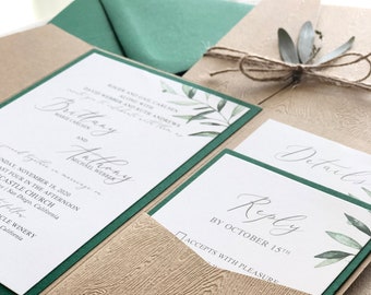 Natural Green Wedding Invitation, wood, textured, woodgrain wedding invitations, wedding invitation, eucalyptus, forest, outdoor, natural