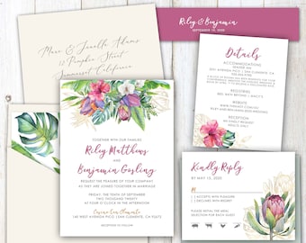 Tropical Wedding Invitation, Hawaiian, destination, tropical greenery, Destination wedding invitations, hibiscus, mexico, florida, beach