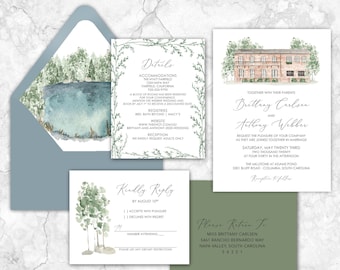 The Millstone at Adams Pond Wedding Invitation, custom venue wedding invitation, South Carolina, custom painted wedding venue