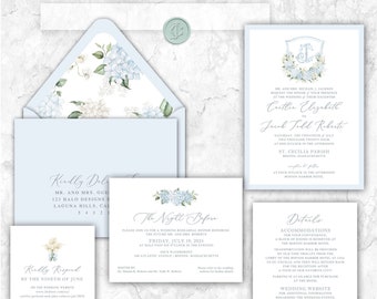 Hydrangea Crest Floral Wedding Invitation, Wedding crest Classic wedding, blue and white hydrangea