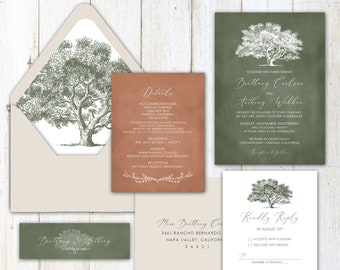 Oak Tree Wedding Invitation, ANY COLOR, Spanish Moss, Tree with Spanish Moss, Tree wedding invitation set, green, sage, dusty blue, rust,