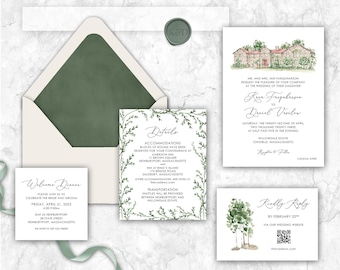 Willowdale Wedding Invitation, Massachusetts, Willowdale Estate venue wedding invitation, custom painted wedding venue