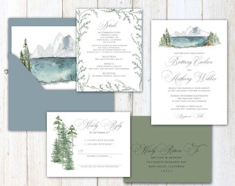Lakeside wedding Invitation, lake, venue, lake watercolor, mountain watercolor, wedding invitation, mountain, forest wedding, lake wedding