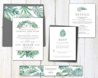 Tropical Hawaiian Wedding Invitation, Hawaii, tropical greenery, wedding invitation,tropical leaves, Hawaiian wedding, Destination wedding