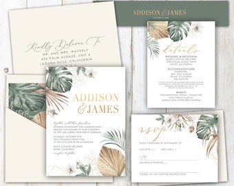 Tropical Wedding Invitation, Modern, neutral, tropical greenery, destination wedding, Destination wedding