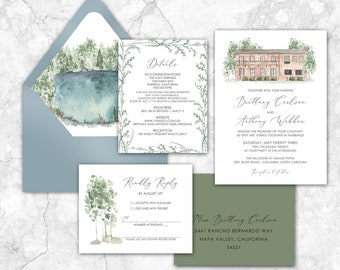 The Millstone at Adams Pond Wedding Invitation, custom venue wedding invitation, South Carolina, custom painted wedding venue