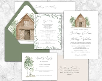 Barn wedding Invitation, barn, rustic, simple, greenery, wedding invitation, farm, farm wedding, barn wedding venue, farmhouse