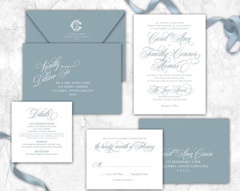 Script Wedding Invitation, Dusty Blue, ANY COLOR