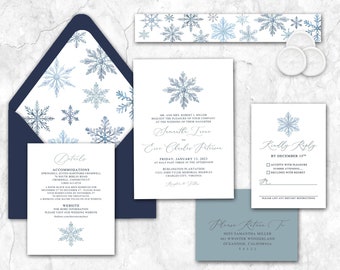 Watercolor Snowflake Wedding Invitations, winter wedding, wedding invites, wedding invitation, winter, dusty blue