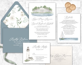 Seaside venue wedding invitation, custom painted wedding venue, California wedding, Rhode Island, Massachusetts, Florida, oceanfront wedding