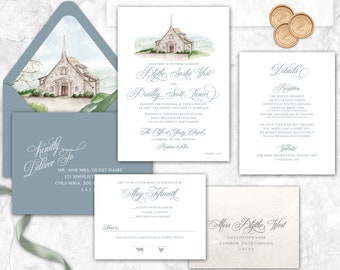 The Cliffs at Glassy Chapel Wedding Invitation, Landrum, South Carolina, custom venue wedding invitation, Venue wedding invitation