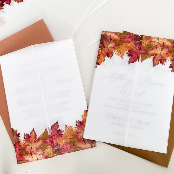 Fall leaves Vellum Invitation Wrap, for 5x7 invitation, fall vellum jacket, wrap, DIY wedding invitations, autumn,