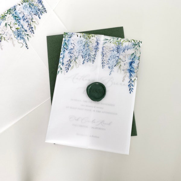 Wisteria Vellum Invitation Wrap, for 5x7 invitation, Wisteria vellum jacket, wrap, DIY wedding invitations, purple, floral, blue