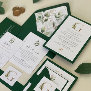 Wood Monogram Wedding Invitation, Classic wedding, simple, greenery, wedding invitation, forest green, mountain, wood, rustic