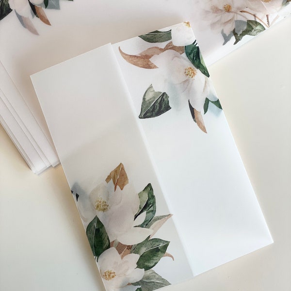 Magnolia Vellum Invitation Wrap, for 5x7 invitation, Magnolias vellum jacket, wrap for DIY wedding invitations, wild flowers