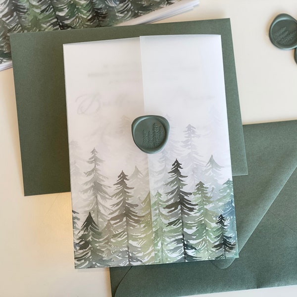 Pine Tree Vellum Invitation Wrap, for 5x7 invitation, Evergreen vellum jacket, wrap, DIY wedding invitations, winter, tree, forest, mountain