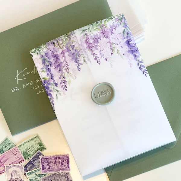 Wisteria Vellum Invitation Wrap, for 5x7 invitation, Wisteria vellum jacket, wrap, DIY wedding invitations, purple, floral