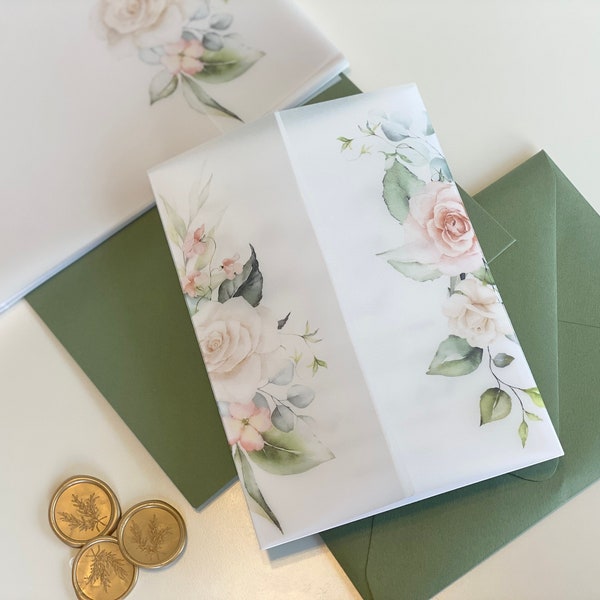 Pastel floral Vellum Invitation Wrap, for 5x7 invitation, Rose, peony, white, blush, pink vellum jacket, wrap for DIY wedding invitations