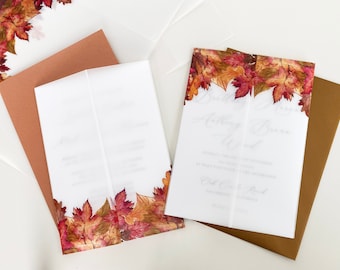 Fall leaves Vellum Invitation Wrap, for 5x7 invitation, fall vellum jacket, wrap, DIY wedding invitations, autumn,