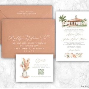 The Casino San Clemente, venue wedding invitation, custom painted wedding venue, California wedding, terracotta, boho, pampas