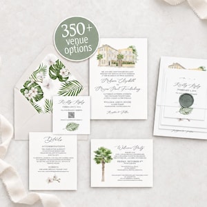 May include: A wedding stationery suite featuring white cards with black text, watercolor illustrations of a building and palm trees, and a green envelope liner with white flowers and palm leaves. A circular badge reads 350+ venue options.