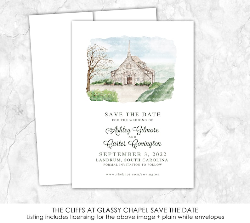 May include: Save the date card with a watercolor illustration of a stone chapel with a steeple. The text reads "Save the Date for the wedding of Ashley Gilmore and Carter Covington September 3, 2022 Landrum, South Carolina Formal invitation to follow www.theknot.com/covington" and "The Cliffs at Glassy Chapel Save the Date Listing includes licensing for the above image + plain white envelopes".