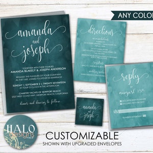 Watercolor Wedding Invitations emerald wedding greenery wedding invitation wedding invites deckle edge mountain green forest