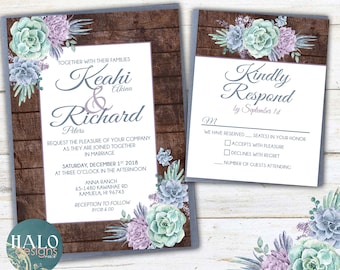 Rustic Succulent Wedding Invitation, ANY COLOR, succulent wedding invite, succulent invitations, wood and succulents
