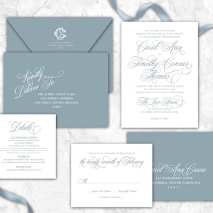 Script Wedding Invitation Dusty Blue ANY COLOR