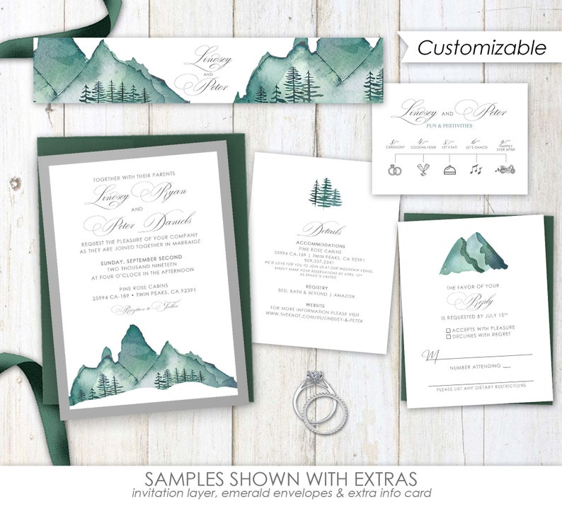 Mountain Wedding Invitations, forest wedding invitation, pine tree, wedding invites, greenery, mountain, forest, green, watercolor image 2