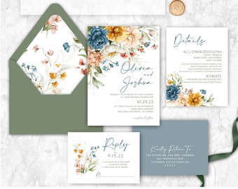 Wildflower floral Wedding Invitation, Blue, terracotta, mustard, wedding invite, orange, sienna, peach, peonies,