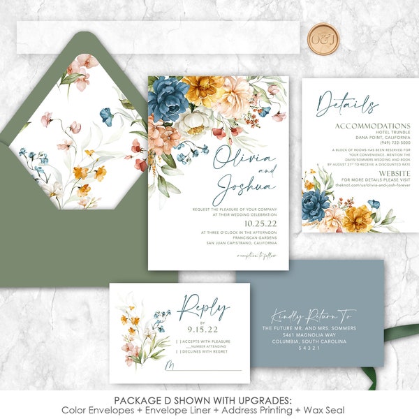 Wildflower floral Wedding Invitation, Blue, terracotta, mustard, wedding invite, orange, sienna, peach, peonies,