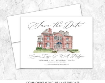 Commonwealth Club Save the Date, Richmond Virginia, Save the Date, Custom Venue, Watercolor Painting, Custom Watercolor