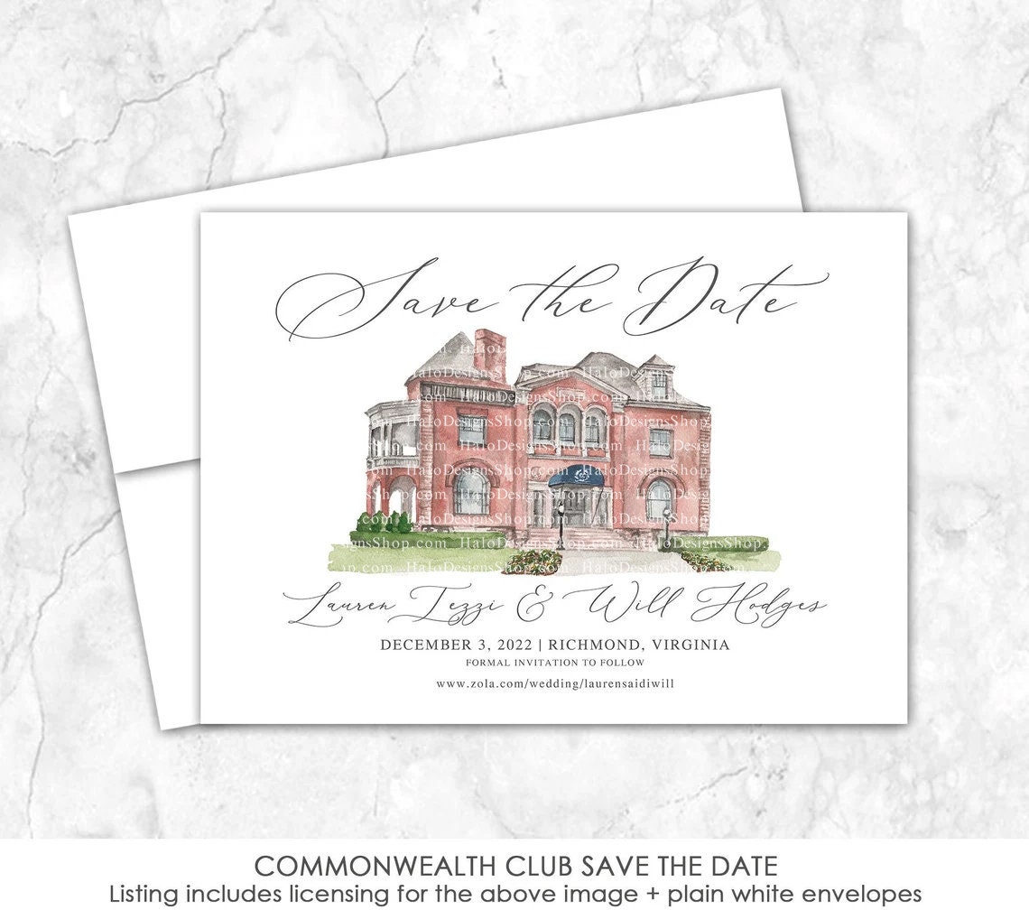 Commonwealth Club watercolor Save the Date | Richmond, Virginia | hand-painted watercolor venue for save the dates or wedding invitations