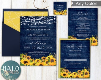 Rustic Sunflower Wedding invitation, Rustic navy Wedding invitation, rustic invitations, Fall wedding, sunflowers, navy, blue