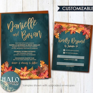 Pumpkin Fall Wedding invitation, Teal Autumn Wedding invitation, invitations, Fall wedding invitations, fall leaves autumn teal & orange image 2