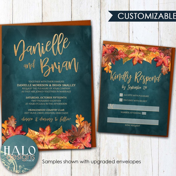 Teal Fall Wedding invitation, Teal Autumn Wedding invitation, rustic invitations, Fall wedding invitations, fall leaves autumn teal & orange