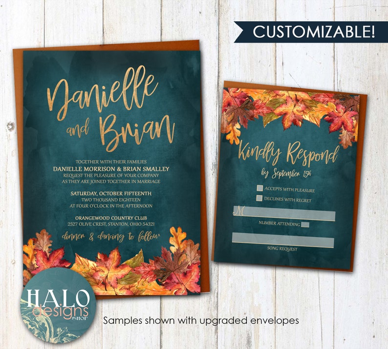 Pumpkin Fall Wedding invitation, Teal Autumn Wedding invitation, invitations, Fall wedding invitations, fall leaves autumn teal & orange image 2