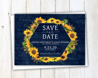 Sunflower Save the Date, save the date, autumn, rustic, sunflowers, save our date, navy, royal blue, horizon, blue and yellow, yellow