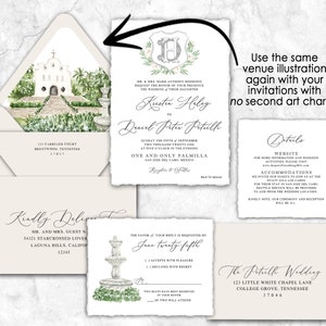 Puede incluir: Suite de invitaci&oacute;n de boda con una ilustraci&oacute;n de acuarela de una capilla blanca con una fuente y vegetaci&oacute;n. La invitaci&oacute;n incluye los nombres Kristen Abbey y Daniel Peter Petrill, la fecha domingo 5 de septiembre de 2021 y la ubicaci&oacute;n One and Only Palmilla, San Jos&eacute; del Cabo, M&eacute;xico. La tarjeta RSVP incluye la fecha 25 de junio. La tarjeta de detalles incluye la p&aacute;gina web y la informaci&oacute;n sobre el alojamiento.