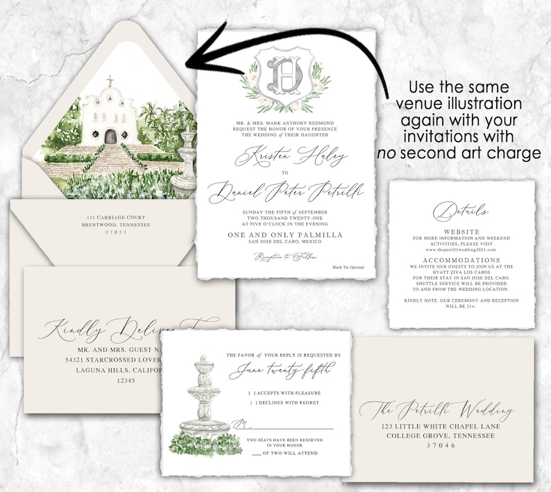 Puede incluir: Suite de invitaci&oacute;n de boda con una ilustraci&oacute;n de acuarela de una capilla blanca con una fuente y vegetaci&oacute;n. La invitaci&oacute;n incluye los nombres Kristen Abbey y Daniel Peter Petrill, la fecha domingo 5 de septiembre de 2021 y la ubicaci&oacute;n One and Only Palmilla, San Jos&eacute; del Cabo, M&eacute;xico. La tarjeta RSVP incluye la fecha 25 de junio. La tarjeta de detalles incluye la p&aacute;gina web y la informaci&oacute;n sobre el alojamiento.