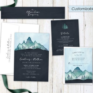 Mountain Wedding Invitations, forest wedding invitation, pine tree, wedding invites, greenery, mountain, forest, green, watercolor image 1