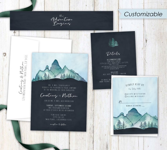 Watercolor Wedding Invitations emerald wedding greenery wedding invitation wedding invites deckle edge mountain green forest