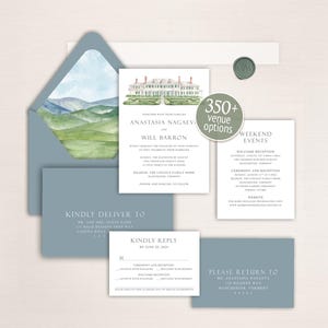 Classic wedding invitations with hand-painted venue watercolor mountain envelope liner elegant Hildene estate simple wedding style details