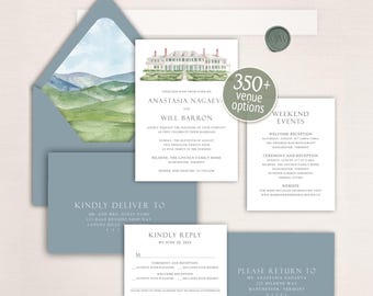 Classic wedding invitations with hand-painted venue watercolor mountain envelope liner elegant Hildene estate simple wedding style details