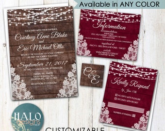 Rustic Lace Wedding Invitations,ANY COLOR,lace and lights,rustic wood invitation,Burgundy invitation,red wedding,wedding invitation,