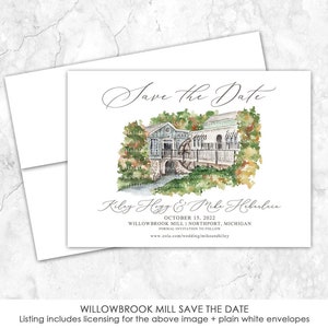 May include: Save the date card with a watercolor illustration of a building with a bridge and a water wheel. The text reads "Save the Date, Kily Hay & Mike Heberlun, October 15, 2022, Willowbrook Mill | Northport, Michigan, Formal Invitation to Follow, www.zola.com/wedding/mikeandkiley"