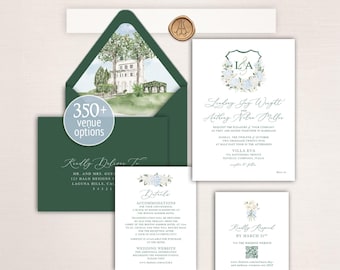 Blue white green hydrangea and rose crest watercolor wedding invitation custom hand painted Elegant Italian estate venue Villa Eva