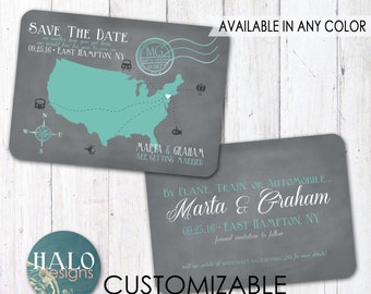 Destination Save the Date, ANY COLOR, destination wedding save the date card, save the date map, postcard save the date, printable card